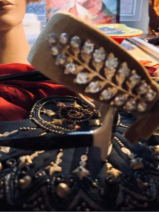 Luxury 2” Mustard Velvet Bow Headband w/ 3” Crystal & Gilded Leaf Embellishment - Picture 2 of 7